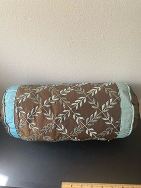 Botanical Brown and Aqua Embroidered Bolster Pillow